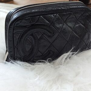 Chanel Cambon Ligne Black Quilted Leather Cosmetic Pouch Clutch Bag